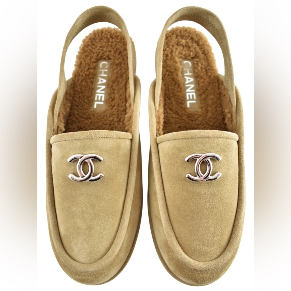 Chanel Dark Beige Suede Shearling CC Moccasin Ballet Slingback Loafer Flat 41 - Picture 1 of 16